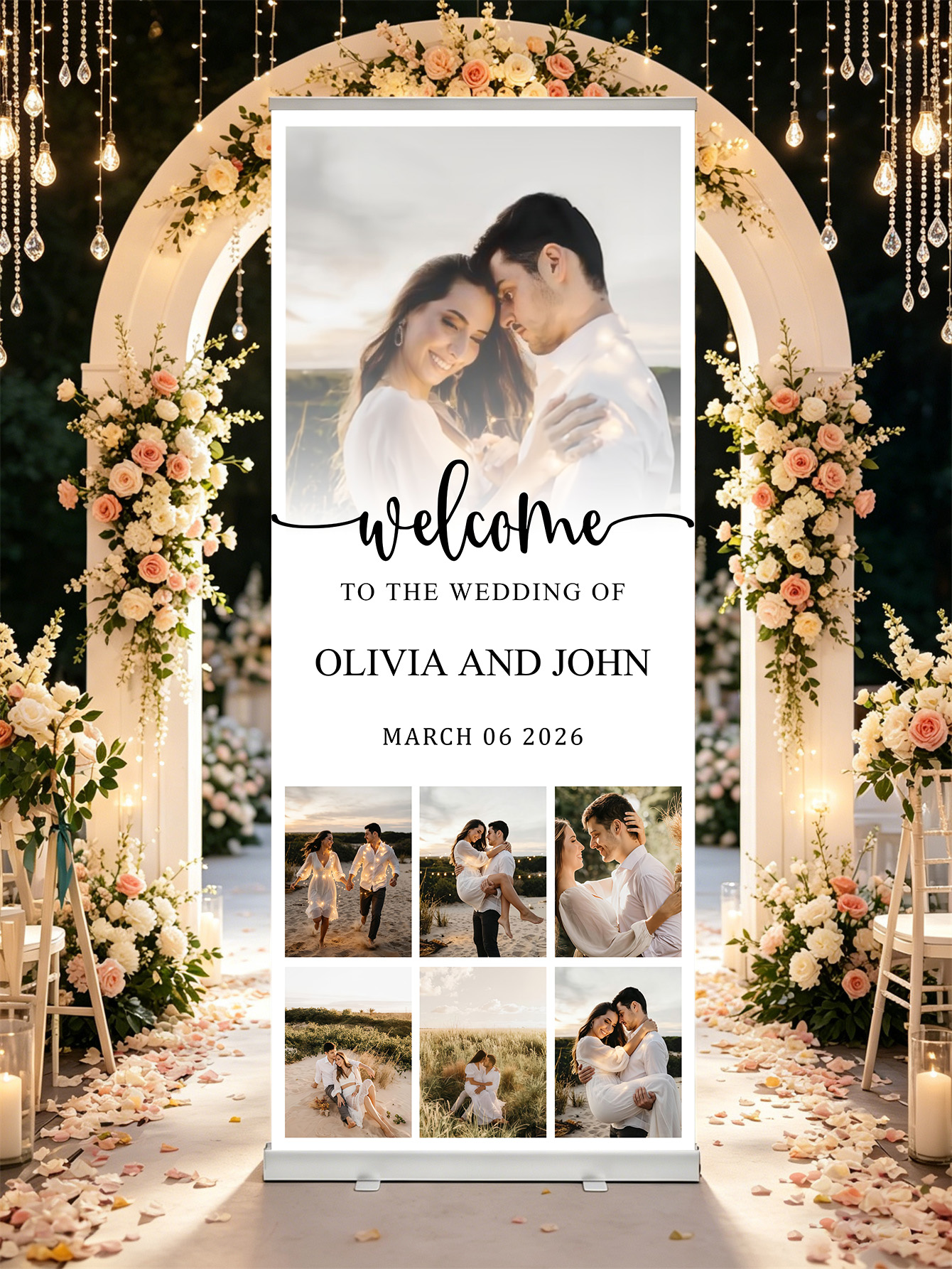 Customized wedding retractable banners - personalized photo wedding welcome signs, reception decorations and background curtains